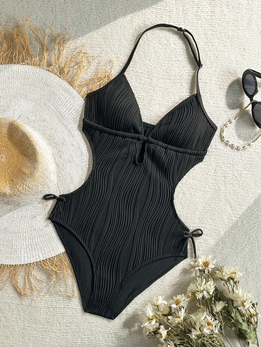 SHEIN Teenager Mädchen Urlaub Schwarzer Strick Jacquard Textur V-Ausschnitt Rückenfrei Neckholder Einteiliger Badeanzug Badeanzüge - Schwarz - Übersicht 1