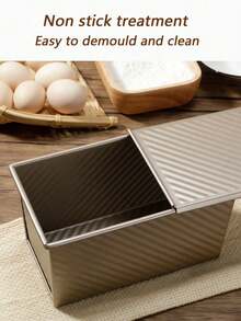 1pc Golden Carbon Steel Non-Stick Toast Mold, Ripple Design With Lid And Vent Holes, Rectangular Bread Pan, Baking Mold For Home Oven - Gold - View 2