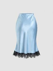 Sweetra 女士缎面荷叶边半身裙，夏季 - 藍色 - 查看 2