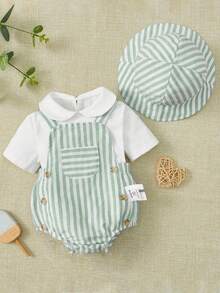 SHEIN 3pcs Newborn Baby Casual Simple Short Sleeve Top And Striped Button Pocket Romper + Hat Set - Mint Green - View 2
