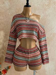 Soleia Bộ đồ nữ mùa xuân/hè phong cách Bohemian, phối màu sọc, cổ áo bất đối xứng, dáng rộng, áo crop top và quần short, không bao gồm thắt lưng. - Nhiều màu - Xem 4