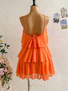 Soleia Burnt Orange Summer Boho Holiday Vacation Elegant Backless Multi-Layer Ruffle Chiffon Mini Dress,Wedding Guest Solid Color Dresses For Women - Coral Orange - View 2