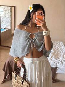 Elamini Women's Casual Versatile Minimalist Front Tie Thin Cardigan - Grey - View 1