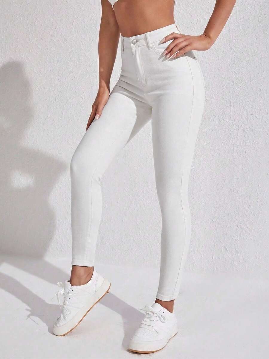 SHEIN SXY 女士高腰口袋修身休闲百搭牛仔裤 - 白色 - 查看 1