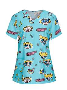 PopScrub THE POWERPUFF GIRLS X SHEIN 女款秋季清新淺藍色泡泡獨家滿版印花V領刷手衣，口袋短袖卡通IP聯名制服工作服女僕動漫風 - 藍色 - 查看 7