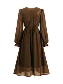 Ellevyn Robe élégante à manches lanternes en mousseline de soie à imprimé léopard et coupe évasée pour femmes - Acajou - Voir 2