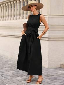 Editum 女士新款优雅束腰显瘦亚麻质感系带口袋连衣裙，适合日常通勤、教师、办公室穿着 - 黑色 - 查看 5