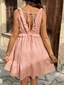 SHEIN Pregnant Women's Textured Fashion Ruffle Hem Sleeveless Dress, Versatile - Pink - View 2