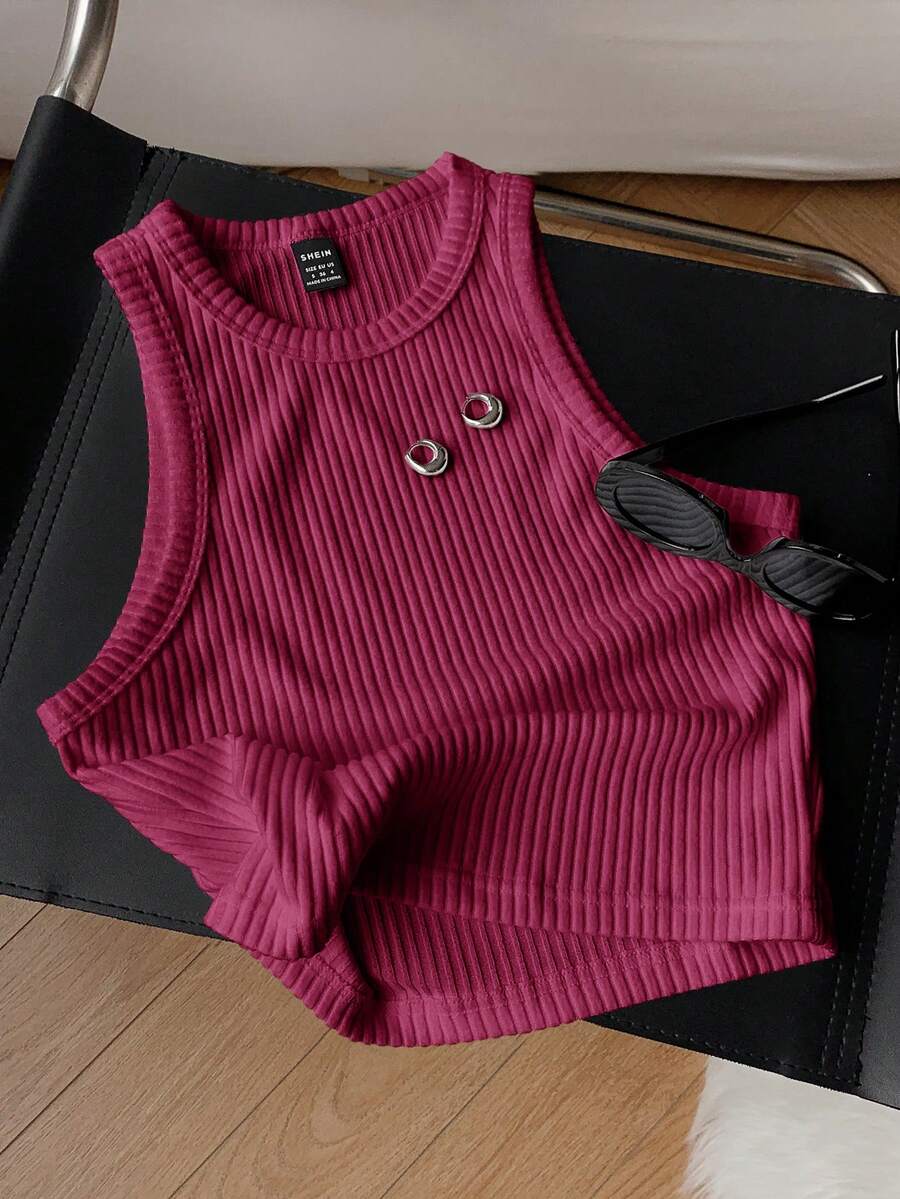 Comfortcana 女士纯色罗纹磨毛吊带背心，适合日常穿着 - 中紫紅色 - 查看 1