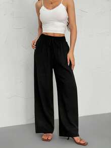 SHEIN PETITE Women's Solid Color Casual Straight-Leg Pants Winter Black Spring - Black - View 7