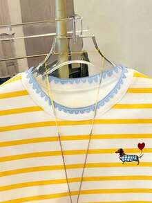 Resyla Camiseta de mujer de verano casual y holgada con rayas / Estampado de Dachshund - Multicolor - Ver 3