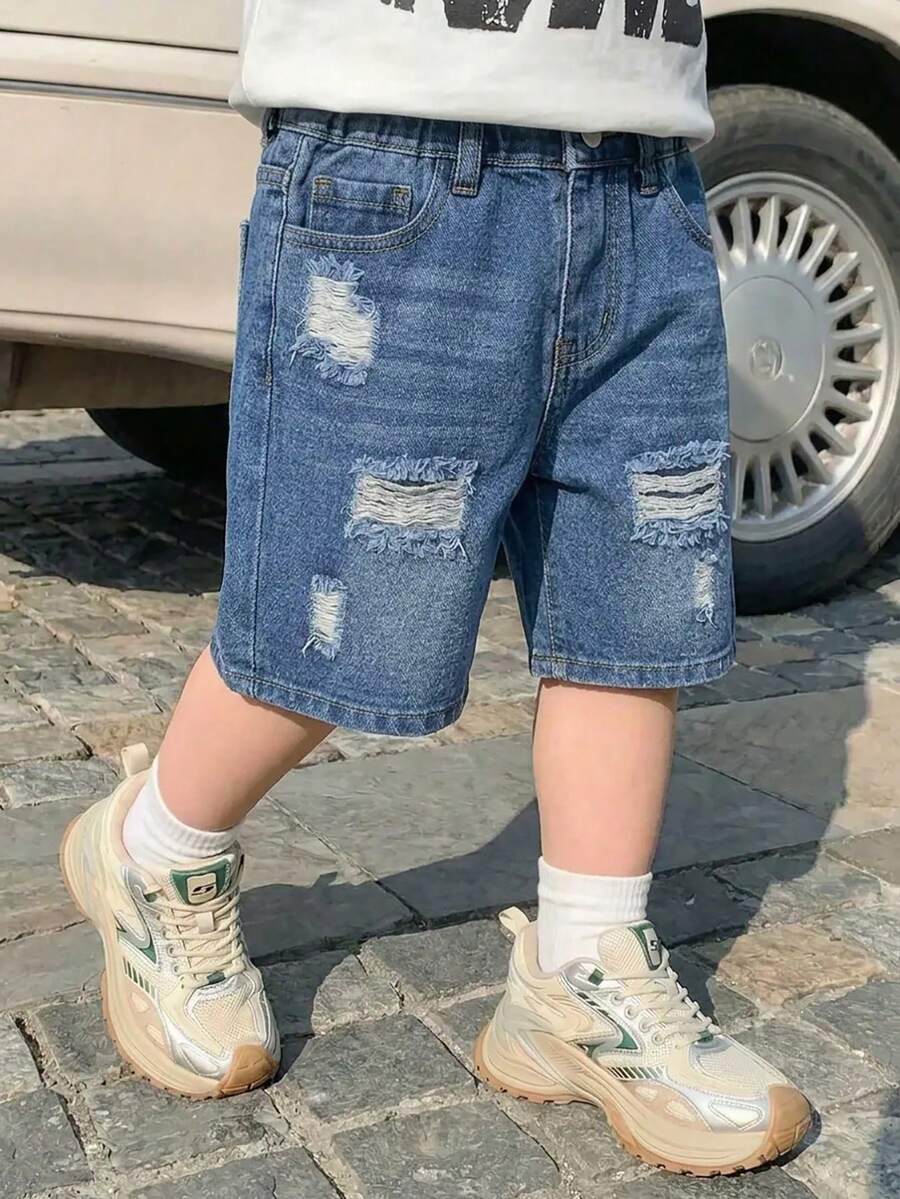 Young Boy Summer Casual Street Cool Minimalist Fashion Versatile Comfortable Elastic Waist Washed Black Ripped Denim Shorts,Suitable For Daily Outing - Medium Wash - View 1