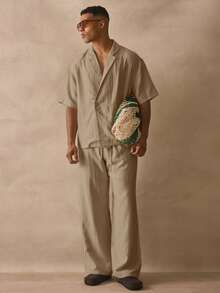 Musero Short Sleeve Asym Button Detail Top Smart Style Leightweight Linen Textured Shirt Spring Summer Holiday Essentials - Beige - View 5