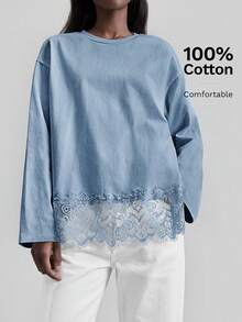 Ontre 2026春夏新款蕾丝拼接圆领T恤，蓝色，优雅简约，适合夏季、度假、派对、办公、休闲等场合，百搭实用。 - 藍色 - 查看 4