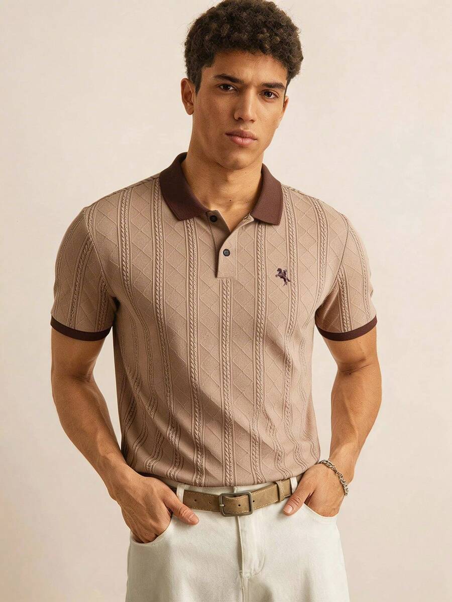 SWAVVY Áo polo nam tay ngắn dáng rộng, cổ bẻ, dệt jacquard, thêu, màu kaki. - Màu Khaki - Xem 1