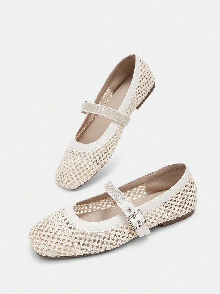 CUCCOO CURVES Women Shoes Wide Fit Outdoor Women's Square Toe Flat Bottom Beige Straw Fabric Stylish Simple Comfortable Breathable Daily Party Casual Holiday Buckle Shoes Plus Size