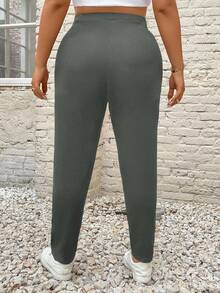 SHEIN PETITE CURVE Plus Size Women's Letter Embroidered Tapered Casual Pants - Volcanic Gray - View 2
