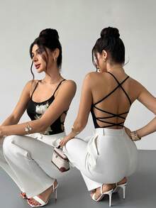 Firerie Áo hai dây nữ thanh lịch, lãng mạn kiểu Bohemian, hở lưng, dây chéo, thích hợp cho kỳ nghỉ biển ở Hawaii và những buổi hẹn hò, màu đen. - màu đen - Xem 1