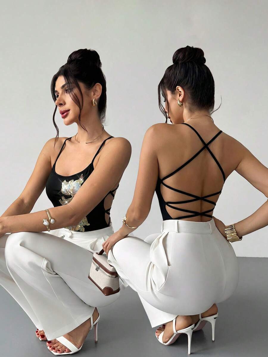 Firerie Áo hai dây nữ thanh lịch, lãng mạn kiểu Bohemian, hở lưng, dây chéo, thích hợp cho kỳ nghỉ biển ở Hawaii và những buổi hẹn hò, màu đen. - màu đen - Xem 1