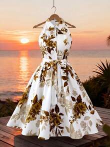 Vestido elegante y romántico sin mangas con estampado floral diminuto y recogido en la cintura en forma de línea A para mujeres - Multicolor 9 - Ver 2