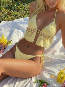 Swim Mod New Women's Sexy Sweet Halter Tankini Swimwear Set, Spring/Summer - Yellow - View 2