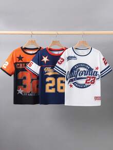 SHEIN 3件套青少年男童休闲简约Y2K时尚英文字母和数字23运动复古美式撞色舒适短袖T恤，适合春夏穿着，日常穿着，运动，外出，上学，聚会，节日，拍照 - 彩色 - 查看 4