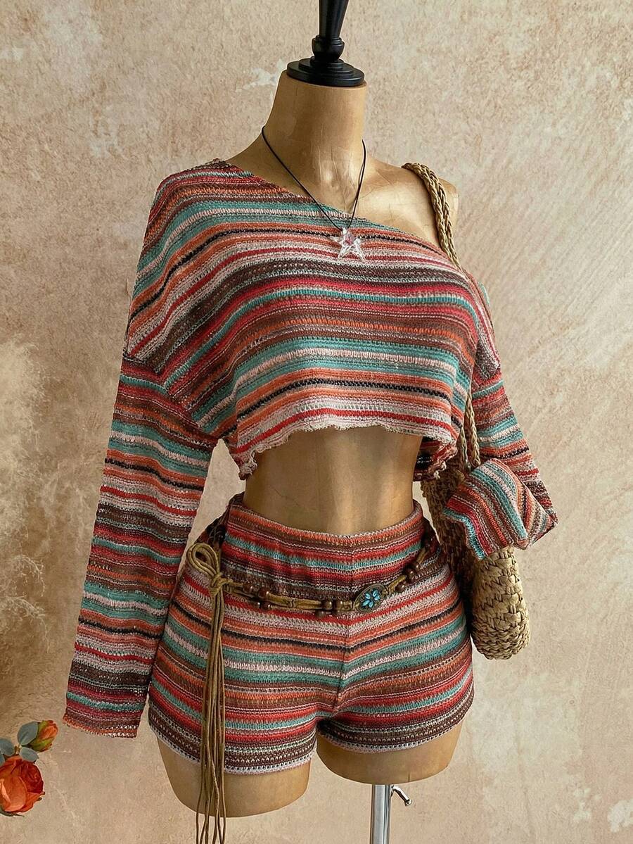 Soleia Bộ đồ nữ mùa xuân/hè phong cách Bohemian, phối màu sọc, cổ áo bất đối xứng, dáng rộng, áo crop top và quần short, không bao gồm thắt lưng. - Nhiều màu - Xem 1