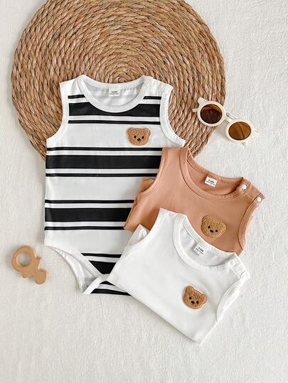 SHEIN Playful Pals 3pcs Baby Unisex Summer Casual 3 PiecesSet, Includes Vest Bodysuit In White, Black, Mocha, Soft & Comfortable Cotton Fabric, Suitable For Vacation, Travel, School, Daily Gatherings, Spring/Summer Occasions