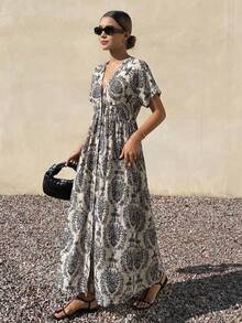 FRIFUL Women's Casual Vacation All-Over Print Dress Sundress Boho - Black and White - View 13