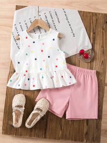 Young Girl Polka Dot Round Neck Ruffle T-Shirt And Shorts Casual Daily Outfit - Multicolor - View 3