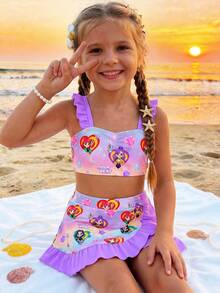 SHEIN Conjunto de bikini con estampado de letras y dibujos animados con minifalda para niña, adecuado para vacaciones de verano y playa - Multicolor - Ver 2