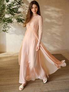 MOTF PREMIUM LACE & SATIN PATCHWORK LONG NIGHTGOWN, SPRING/SUMMER - Dusty Pink - View 7