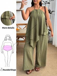 Enliva Conjunto informal de vacaciones estilo bohemio para mujer talla grande, conjunto de top halter con bajo asimétrico y pantalones, verde oliva para verano, para silueta de manzana y redondeada - Verde militar - Ver 1