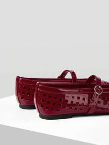 MOTF PREMIUM WOMEN SHOES POPULAR FRENCH NEW FASHION RETRO RED PU LEATHER HOLLOW GRID TEMPERAMENT SQUARE TOE FLAT SOLE SHOES, COMFORTABLE AND VERSATILE WITH SIMPLE ELEGANCE NOT TIRED FEET BREATHABLE HOLE SANDALS - Bordeaux - View 7
