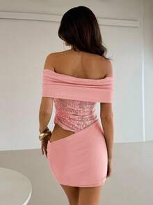 Aloruh Đầm ngắn Lotus Pink gợi cảm và thanh lịch, hở vai, khoét eo, phối ren xuyên thấu cho nữ. - Bụi hồng - Xem 3