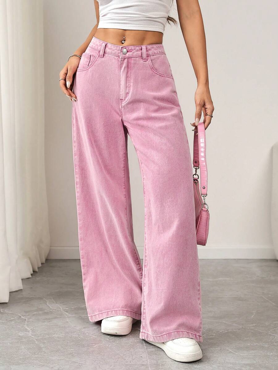 SHEIN PETITE 女士高腰水洗粉色阔腿牛仔裤，休闲夏季穿搭，女士宽松口袋喇叭裤腿休闲牛仔裤 - 粉色 - 查看 1