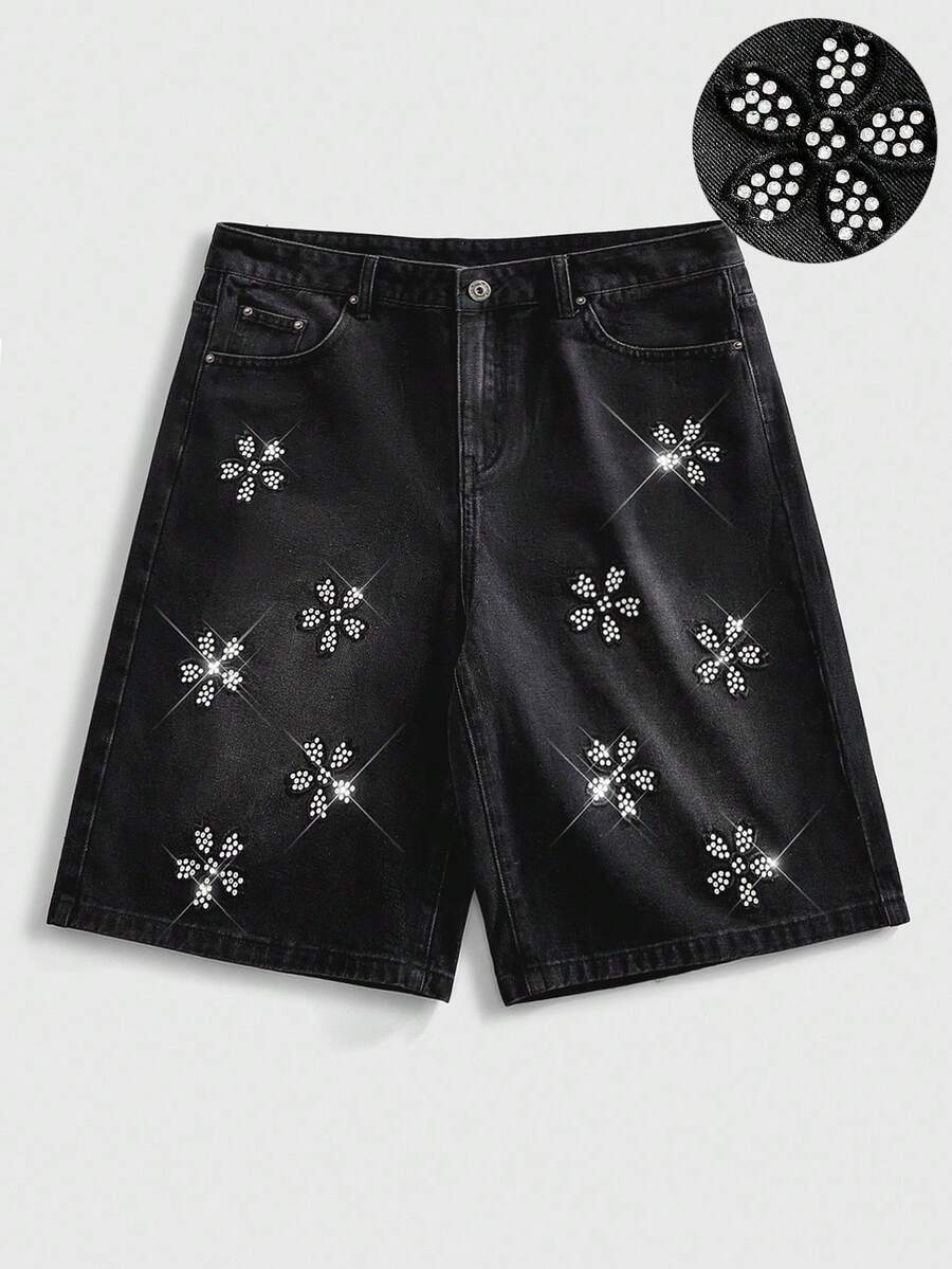 ROMWE MEN Street Life Men's Sparkling Diamond Floral Print Loose Denim Shorts - Black - View 1