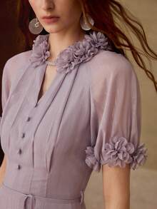 MOTF PREMIUM GAUN MIDI WARNA POLOS DENGAN DEKORASI BUNGA 3D, ELEGAN & ANGGUN - Grey - View 7