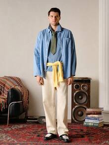 VeloEdit 男士斜口袋宽松牛仔裤纯色长款水洗宽松工装牛仔裤轻便牛仔裤，适合送给老公、男朋友的礼物 - 杏色 - 查看 3