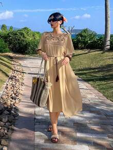 DAZY Vintage Heavily Embroidered Long Loose Flattering Vacation Dress, For Teen Girls Sun Dresses For Girl Summer - Khaki - View 5