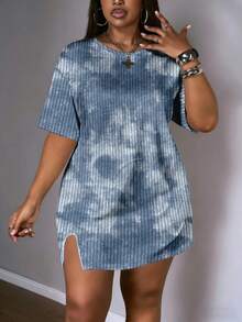 Slaydiva Tie-Dye Textured Plus Size Women Short Sleeve Dress, Suitable For Music Festivals - Multicolor - View 4