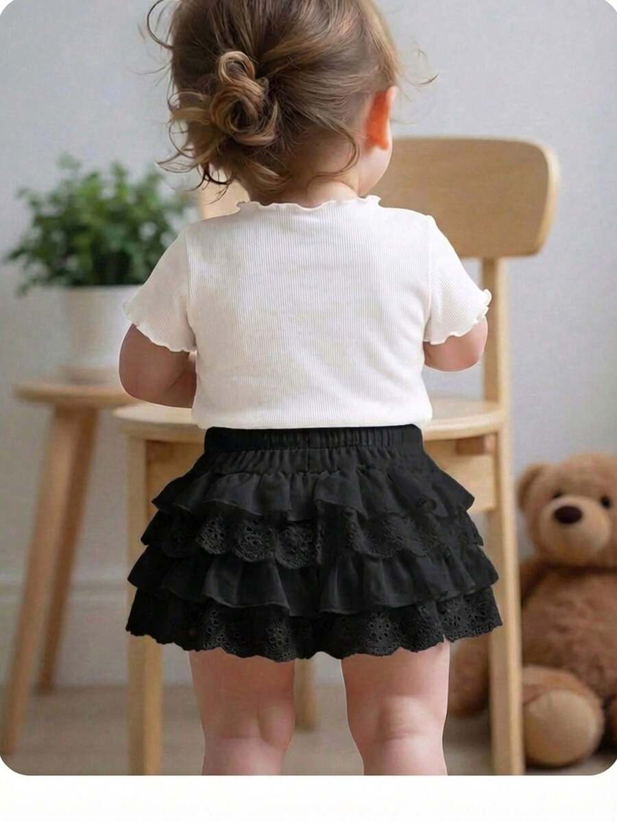 Babygirl Cute Ruffled Elastic Waist Shorts, Summer - Black - View 1