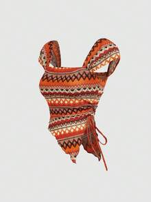 SHEIN MOD 橙棕色条纹开衩下摆女式T恤，度假风 - 彩色 - 查看 5