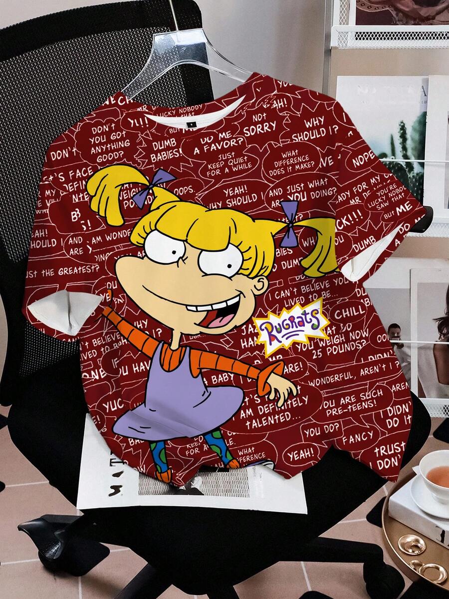 Nick 90s | SHEIN Camiseta casual de mujer con cuello redondo y manga corta, estilo de los 90 - Blanco - Ver 1