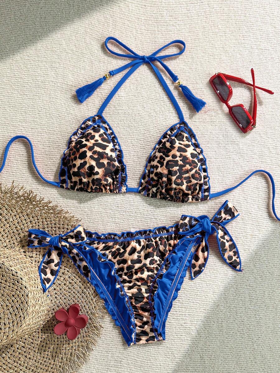 Soleia Women's Retro Colorful Leopard, Zebra, Floral Print Ruffled Tie-Front Tassel Decorated Bikini Set, Suitable For Beach Vacation Summer Bathing Suit - Royal Blue - View 1