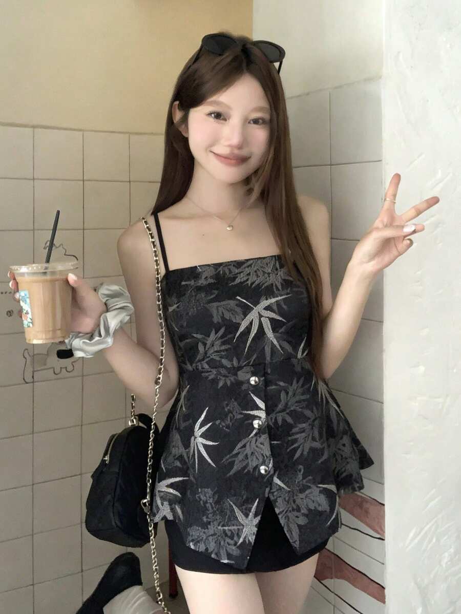 DAZY 女士纹理修身印花A字吊带背心，少女风，春夏款 - 黑色 - 查看 1