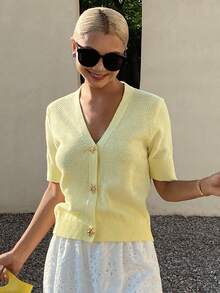 Livesso 女士黄色V领无袖针织上衣，春夏款 - 黃色 - 查看 4