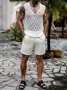 Manfinity Hypemode Áo vest dệt kim nam kiểu dáng casual, thoải mái, khoét lỗ, màu trắng, thích hợp cho kỳ nghỉ hè và đi biển. - trắng - Xem 6