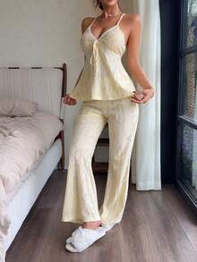 Napfluff French Romantic Lace Tie-Up Textured Jacquard Camisole And Flared Pants Loungewear Set - Yellow - View 6