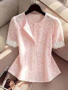 GlowEve CURVE Women's Blush Pink Summer Elegant Formal Tea Party Blouse,Sweet Openwork Short-Sleeved Shirt With Lace Trim Neckline,Relaxed Fit For Dates Beach - Pink - View 6